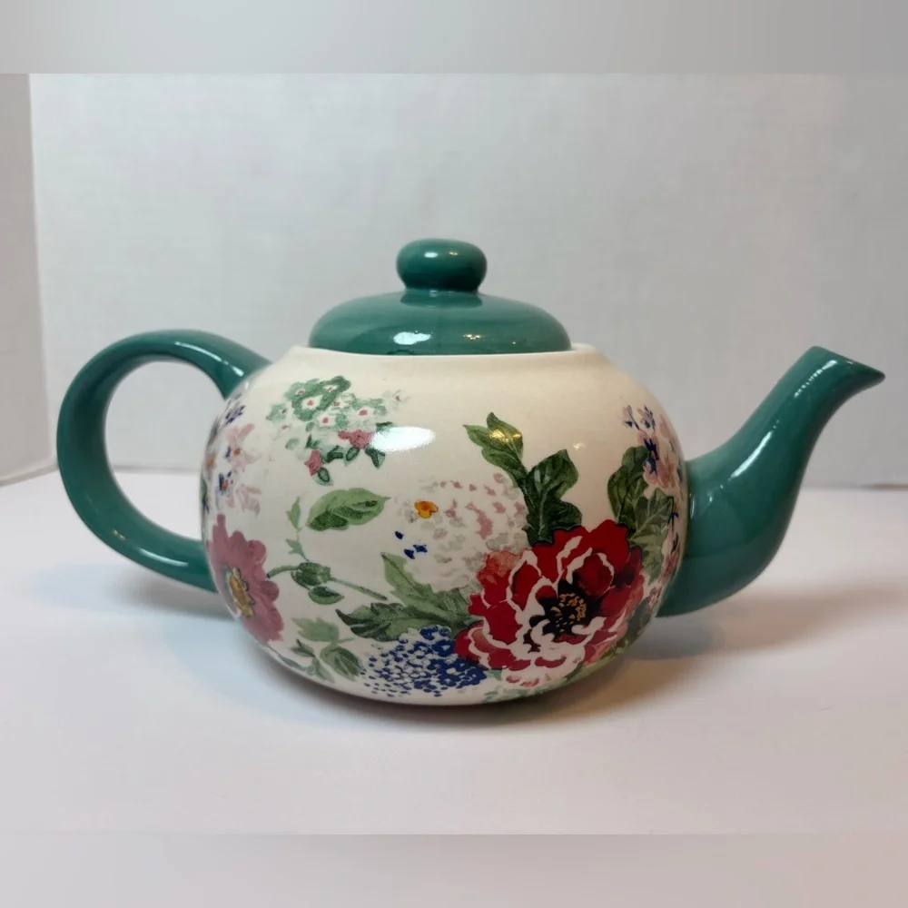 The Pioneer Woman Country Garden pattern ceramic teapot teal with floral design